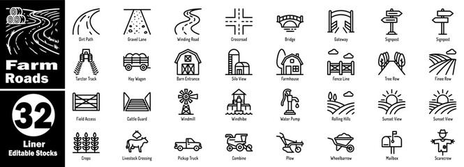 Simple farm road and rural living icons set, including agricultural themes in Vector Illustrator. © Hafiz
