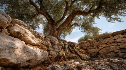 Ancient olive tree roots weaving through limestone terrace wall