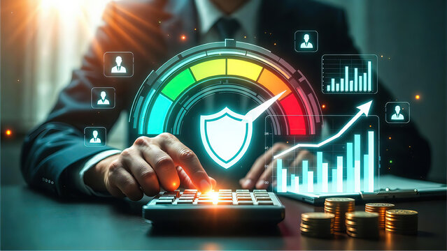 Businessman calculating financial risk and security with a glowing shield icon on a speedometer gauge, surrounded by data graphs and user icons, symbolizing business protection and performance