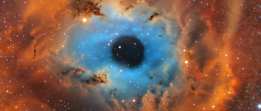 Wide Field Rosette Nebula with Dense Stars in Deep Space astronomical widefield scene of the Rosette-like emission nebula, centered, bright cyan-blue inner region