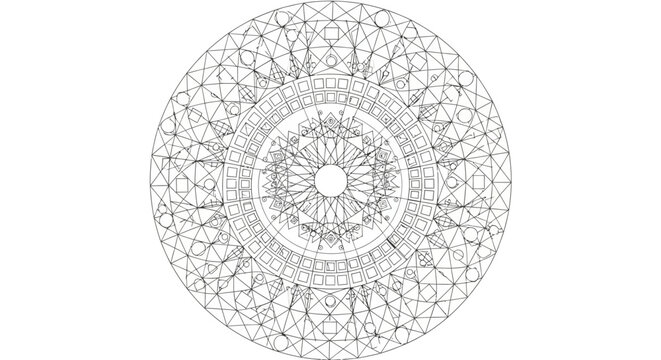 Simple Black and White Circular Geometric Mandala Design for Relaxation and Coloring.
