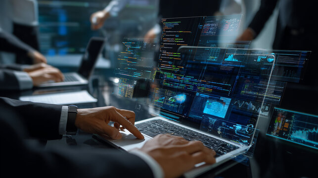 IT Professional writing code on laptop computer with copy space.