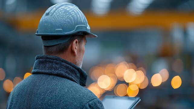Schwei&szlig;arbeiten an einer Stahlkonstruktion in der Abendd&auml;mmerung; der Vorarbeiter nutzt ein Tablet zur Projektverwaltung.