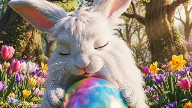 Serene white rabbit holding colorful Easter egg among vibrant spring flowers in a sunny forest glade with tulips and trees.