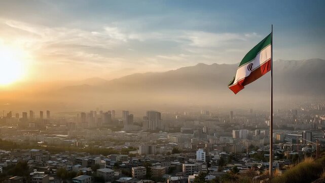 Iran National Flag Waving Above Tehran Skyline at Sunset photorealistic cityscape view of Tehran, Iran captured from an elevated vantage point, a tall flagpole with the Iranian