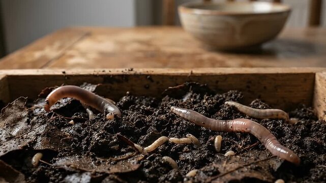 Worms in Soil Compost Box.