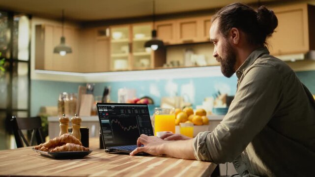 Stockbroker at home, day trading fluctuations, monitoring market trends, candlestick charts on laptop used to check research risk for investments. Stock exchange analysis, crypto currency profit.