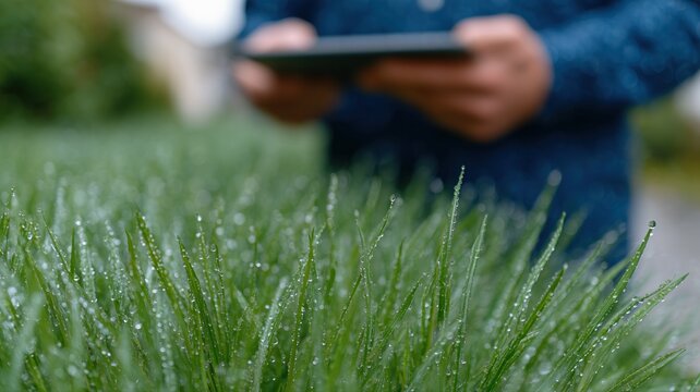 Techniker &uuml;berpr&uuml;ft Rasensprengeranlage auf einem Tablet inmitten nassen Grases