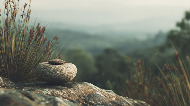Zen stone balanced on rock with mountain background. Calm serene nature landscape for meditation, spa, wellness, mindfulness concept. Blurred forest backdrop, copy space. Boho style