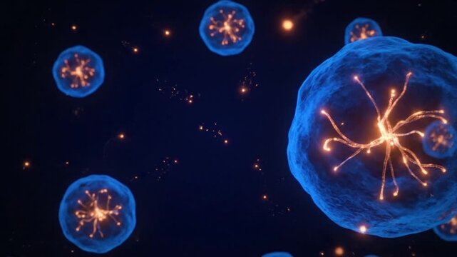 Glowing blue cells with bright orange sparks float in a dark space.