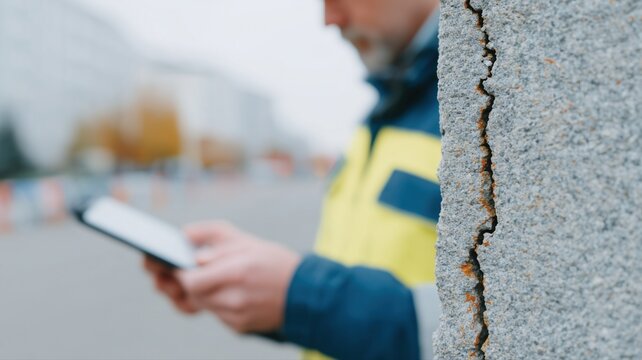 Techniker &uuml;berwacht Fundamentrisse mit Messger&auml;t und Tablet auf der Baustelle