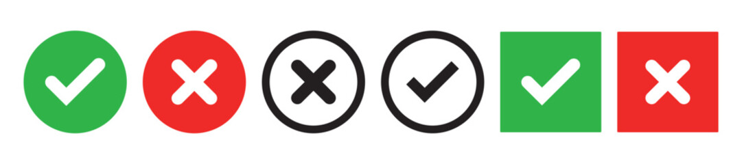 Fototapeta premium Sharp green checkmark and red cross on isolated white background vector symbol for right and wrong choices. Modern flat design, Checkmark icon set. Checkmark right symbol tick sign