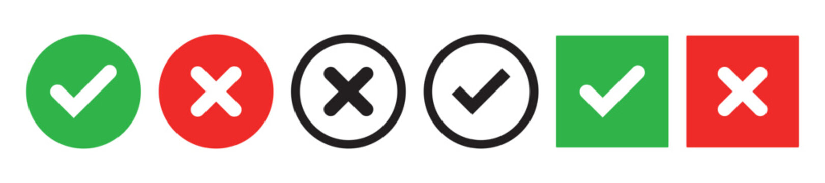 Sharp green checkmark and red cross on isolated white background vector symbol for right and wrong choices. Modern flat design, Checkmark icon set. Checkmark right symbol tick sign