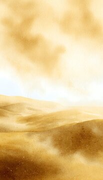 Dramatic desert sandstorm watercolor illustration evokes power scale and a golden swirling atmospheric scene
