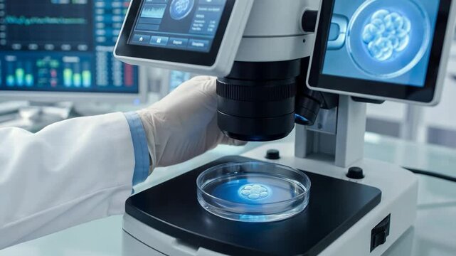 Scientist examining developing human embryo culture with high tech microscope for fertility research in IVF laboratory, close-up of hand adjusting the microscope