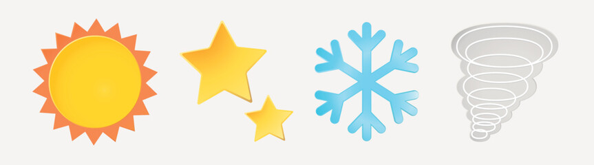 Illustration of weather symbols: a bright sun, yellow stars, a blue snowflake, and a gray tornado. Sun, stars, snowflake, and tornado icons. Weather illustrations, isolated element vector set.