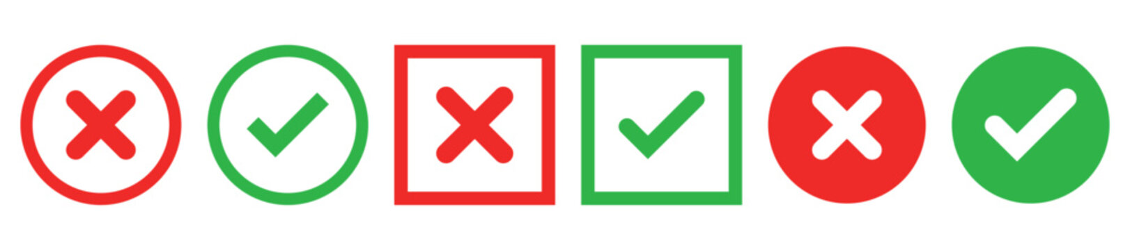 Sharp green checkmark and red cross on isolated white background vector symbol for right and wrong choices. Modern flat design, Checkmark icon set. Checkmark right symbol tick sign