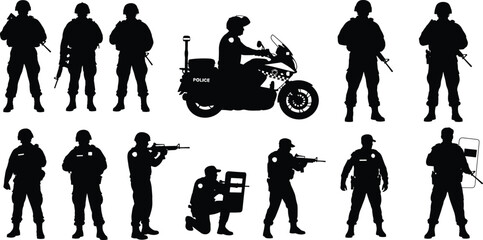 Black silhouettes of police officers, tactical swat teams with rifles, motorcycle cop, and riot police with shields, isolated on white. © Tahera