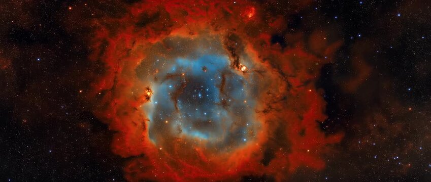 Wide Field Rosette Nebula with Dense Stars in Deep Space astronomical widefield scene of the Rosette-like emission nebula, centered, bright cyan-blue inner region, red 4K