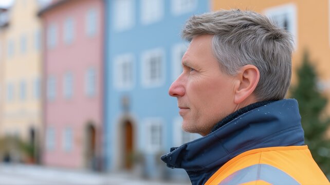 Fassadenreinigung im Innenhof durch einen Techniker mit Niederdruckreiniger an historischen Altbaugeb&auml;uden
