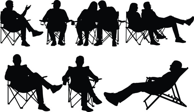 Black silhouettes of people sitting in folding camping chairs, men and women relaxing, talking, and lounging, isolated on white background.