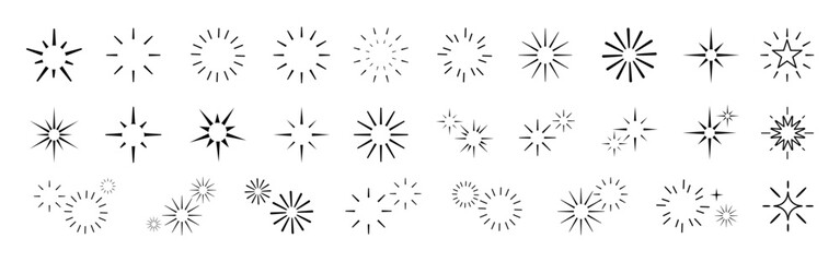 Obraz premium Collection of various starburst and sparkle icons in black and white. Different styles of starburst designs. Perfect for adding sparkle to designs. Sparkles element vector set.
