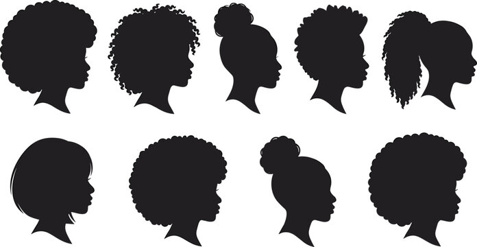 Collection of black woman profile silhouettes with natural afro hairstyles, curly hair, buns, and braids, isolated on white background for design.