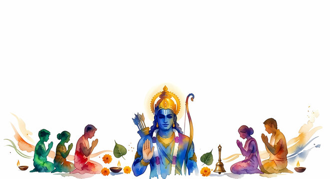 Indian hindu traditional festival Ram navmi, navami, navratri worship background. Silhouette of lord rama and prayer in watercolor style.