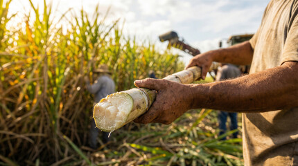 Naklejka premium A farmer's weathered hands hold a freshly cut sugarcane stalk in a sunny, vibrant field.