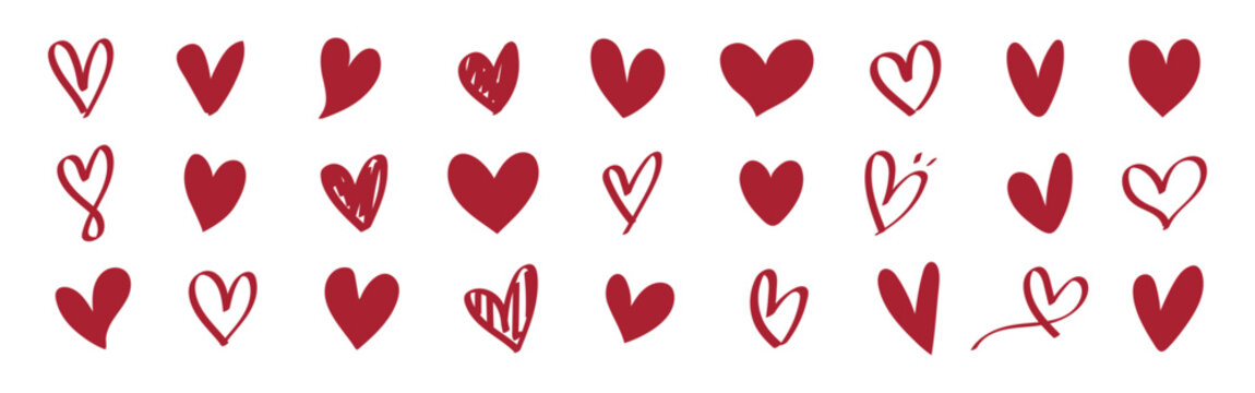 Collection of red heart doodles in various styles. Red hearts in different shapes and patterns. Playful heart doodles for creative designs and love themes. Valentine's element vector set.