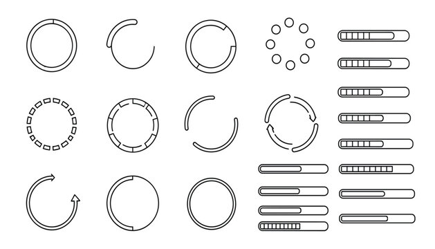 A collection of 18 loading bar and circle icons in a line style