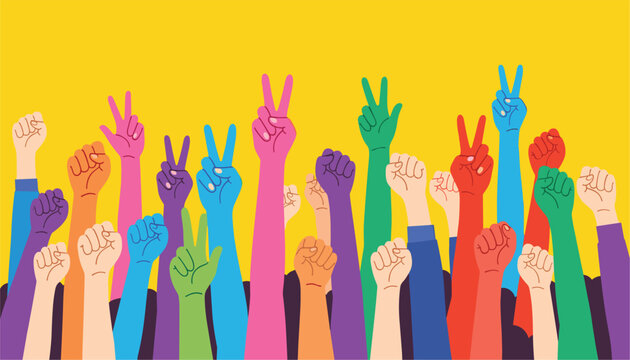 Diverse hands raised in solidarity and peace showcasing unity and support for equality and freedom
