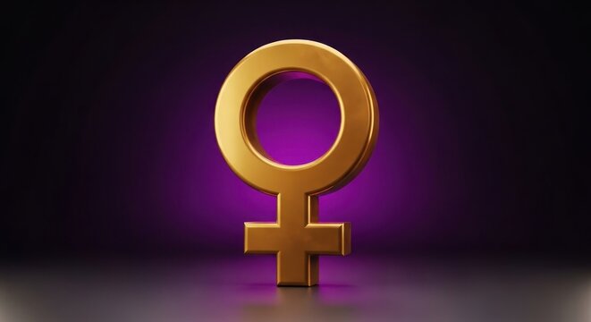 A golden Venus symbol, representing womanhood, is illuminated against a dark purple background.