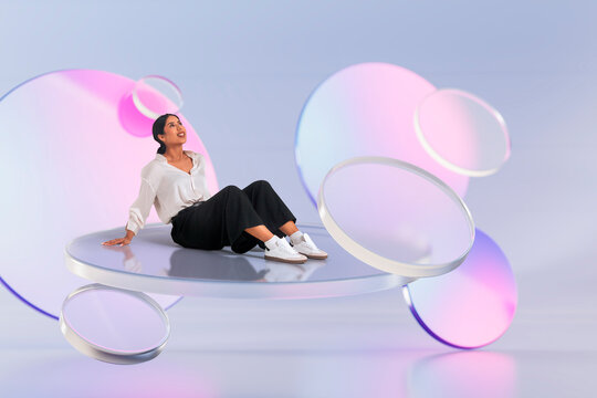 Latin woman sitting on floating 3D circular platform surrounded by pastel glass discs