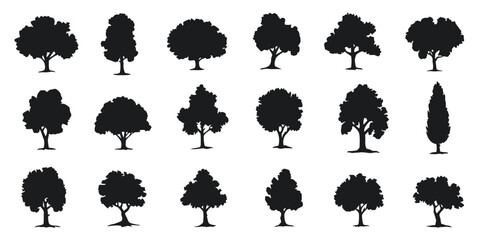 Various deciduous trees silhouettes, diverse shapes and sizes for natural landscape design