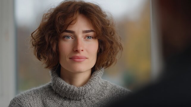 Frau nimmt an einer Business-Therapie-Sitzung in der N&auml;he eines gro&szlig;en Fensters in herbstlicher Umgebung teil