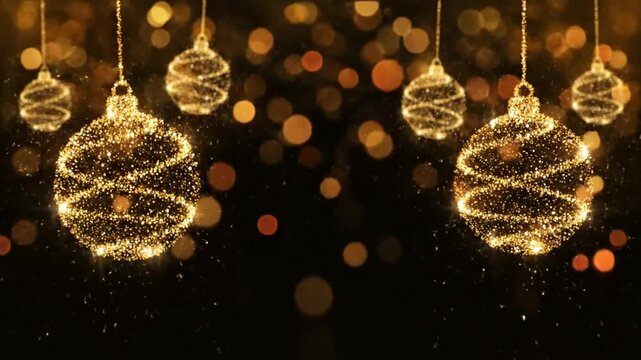 Golden Christmas ornaments hanging amidst sparkling lights on dark background