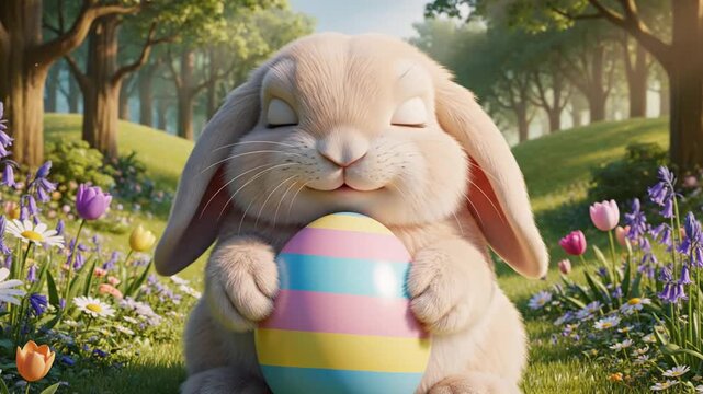 A cute bunny holding colorful Easter eggs with closed eyes in a serene garden with flowers and trees conveying a joyful Easter egg hunt scene.