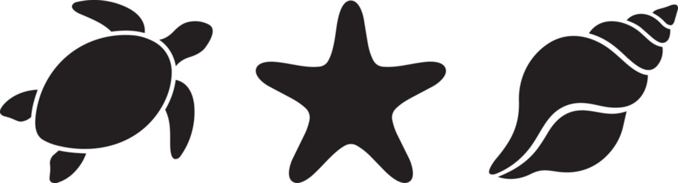Marine life silhouettes: sea turtle, starfish, and conch shell vector illustration