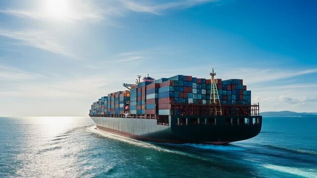 A large cargo ship loaded with colorful shipping containers sails through calm waters under a bright blue sky with wispy clouds