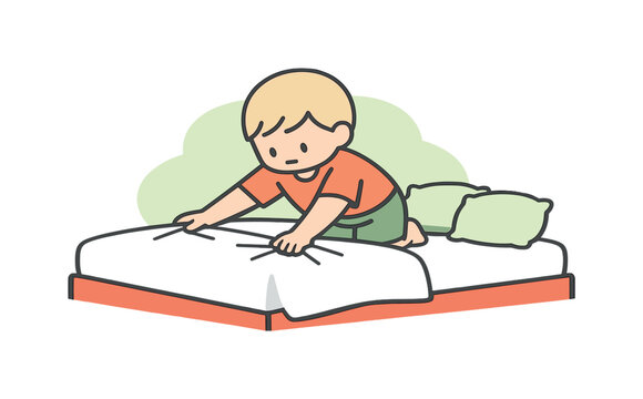 Light child smooths bed sheets with both hands, tugging corners flat as pillows wait nearby on a simple bed frame quietly now yep