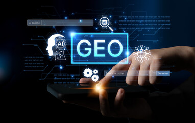 Obraz premium Digital marketing concept featuring GEO strategy. Generative AI search visual shows GEO interface integrating intelligence, logic, and AI input system for prompt tasks. Corpus