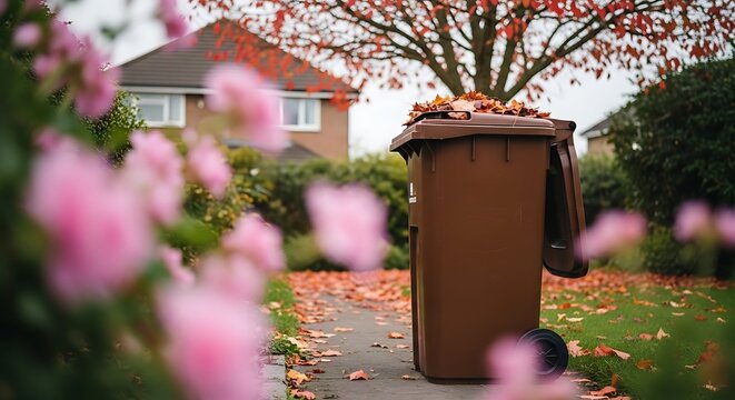 A brown wheelie bin sits on a walkway, framed by flowers and autumnal foliage