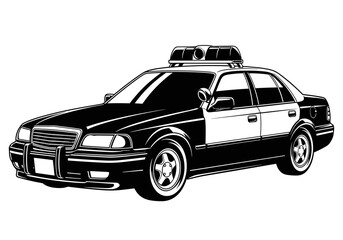 Classic Police Sedan with Bull Bar Vector Silhouette Isolated on White Background © Saad Hassan