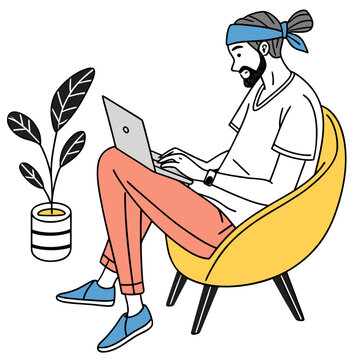 Creative professional with man bun and beard sitting in modern yellow chair using notebook computer for remote work near indoor potted green plant