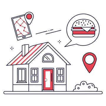 Modern online food delivery concept illustration featuring house with navigation map pin and burger speech bubble for mobile application services