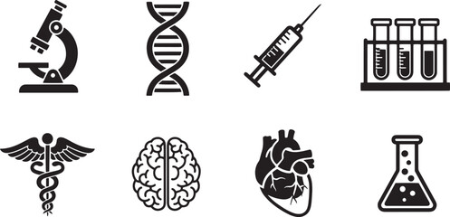Naklejka premium A set of vector line art silhouettes depicting various medical and scientific symbols and icons.