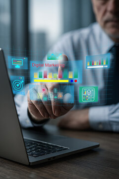 Man interacting with digital marketing icons on laptop vector illustration