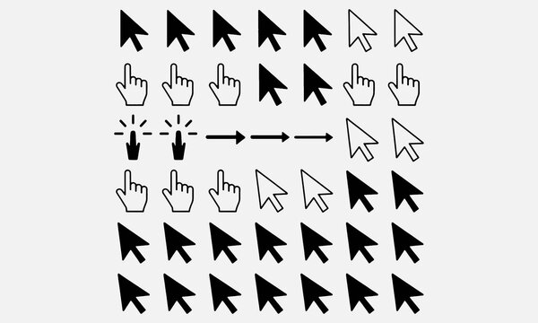 Mouse pointer cursor icons. Computer black clicking arrows and hands cursors icon, web loading symbol, pressing action, interface elements