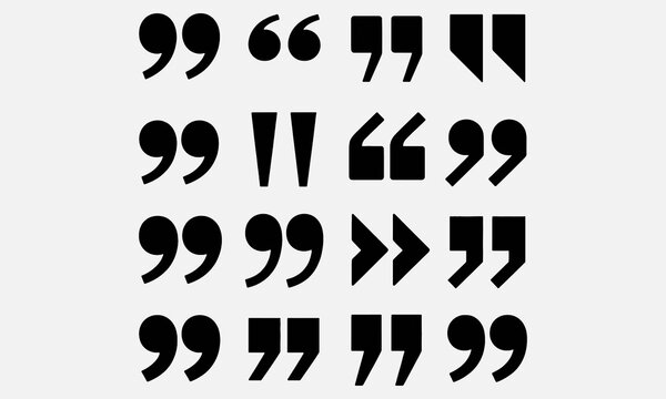 Quote mark. Quotation marks icons. Black various punctuation symbols. Minimalist typography quote elements, double commas, text accent signs for citation